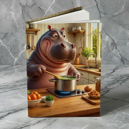 Cartoon Hippo Cooking Soup in Kitchen