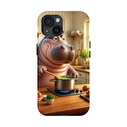 Cartoon Hippo Cooking Soup in Kitchen