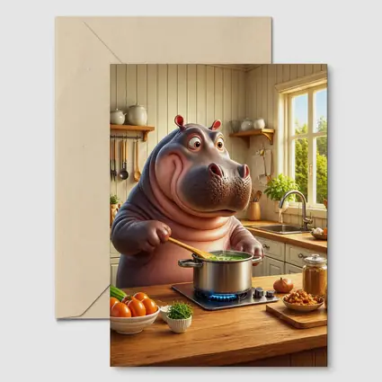 Cartoon Hippo Cooking Soup in Kitchen