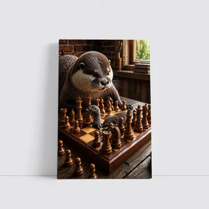 Otter Playing Chess On Wooden Table