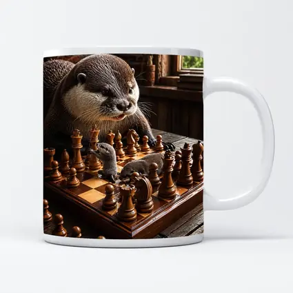 Otter Playing Chess On Wooden Table