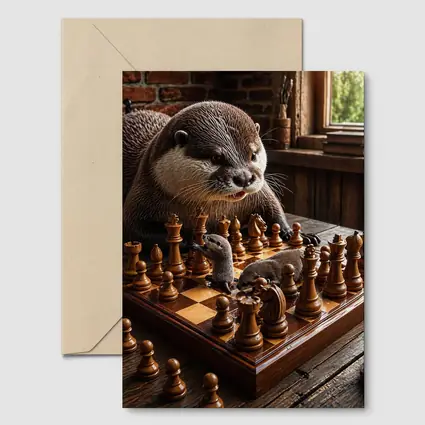 Otter Playing Chess On Wooden Table
