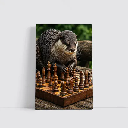 Otter Playing Chess On Wooden Board