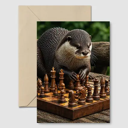 Otter Playing Chess On Wooden Board