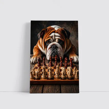 English Bulldog Playing Chess On Wood Table