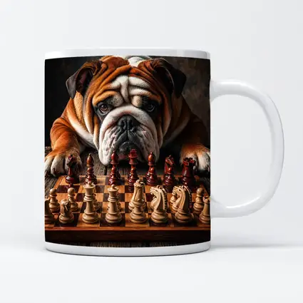 English Bulldog Playing Chess On Wood Table