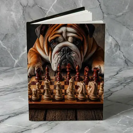 English Bulldog Playing Chess On Wood Table