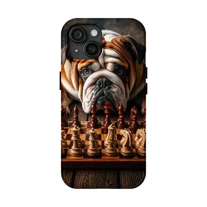 English Bulldog Playing Chess On Wood Table