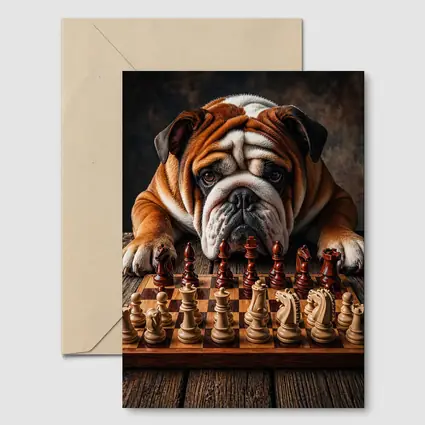 English Bulldog Playing Chess On Wood Table