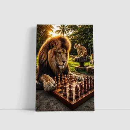 Lion Playing Chess in Tropical Park