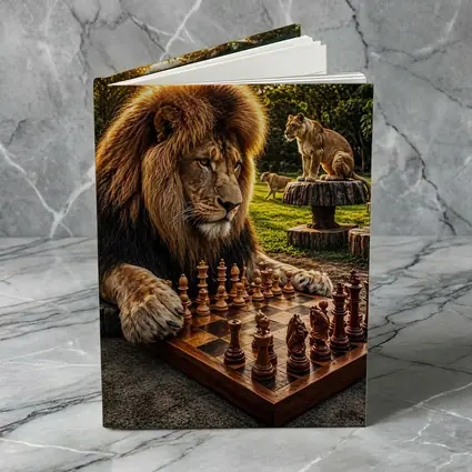 Lion Playing Chess in Tropical Park