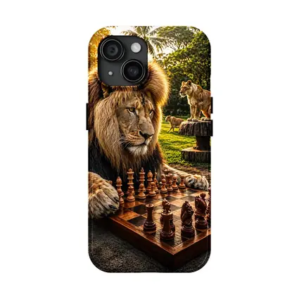 Lion Playing Chess in Tropical Park