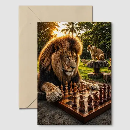 Lion Playing Chess in Tropical Park
