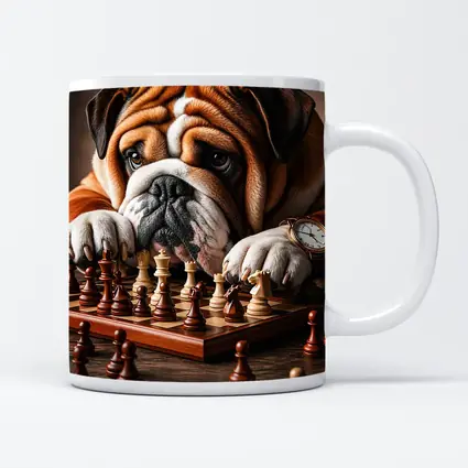 English Bulldog Thinking Over Chess Board