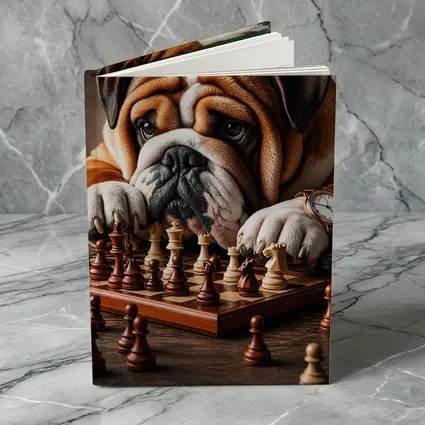 English Bulldog Thinking Over Chess Board