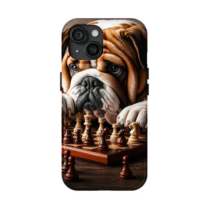 English Bulldog Thinking Over Chess Board