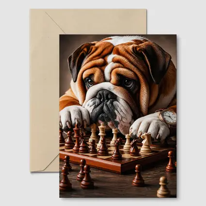 English Bulldog Thinking Over Chess Board