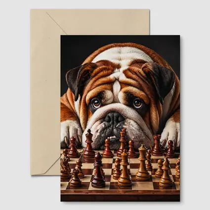 English Bulldog Staring Down Chess Board