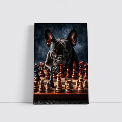 French Bulldog Playing Chess Dark Background