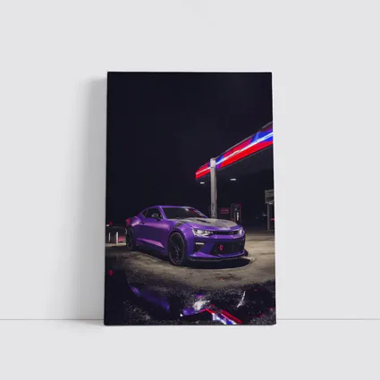 Chevrolet Camaro Purple At Night Gas Station