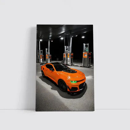 Chevrolet Camaro Orange At Gas Station Night