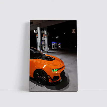 Chevrolet Camaro Orange At Night Gas Station