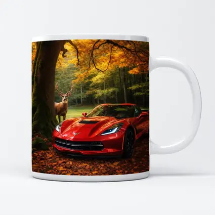 Chevrolet Corvette Red Car Autumn Forest Deer