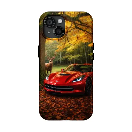 Chevrolet Corvette Red Car Autumn Forest Deer