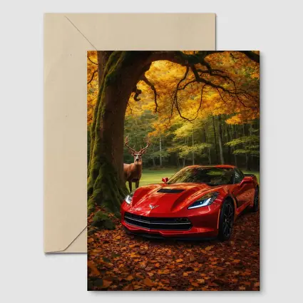 Chevrolet Corvette Red Car Autumn Forest Deer