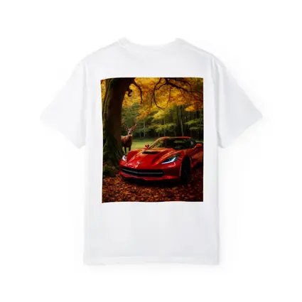 Chevrolet Corvette Red Car Autumn Forest Deer