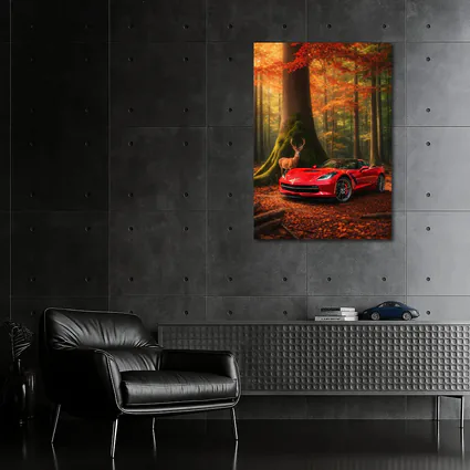 Chevrolet Corvette Red Car Autumn Forest Deer