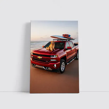 Chevrolet Silverado Red Truck Beach Golden Retriever