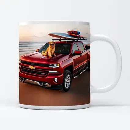 Chevrolet Silverado Red Truck Beach Golden Retriever
