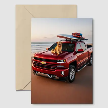 Chevrolet Silverado Red Truck Beach Golden Retriever