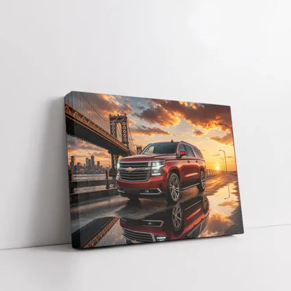 Chevrolet Suburban Red SUV Bridge Sunset