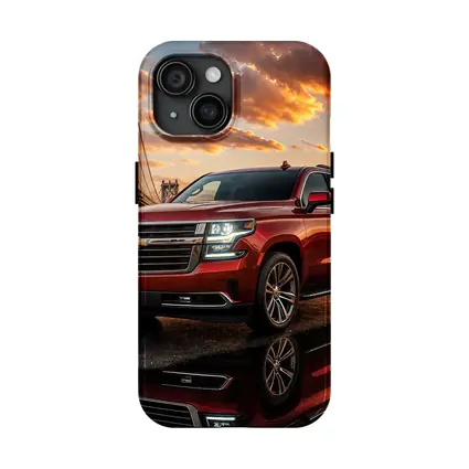 Chevrolet Suburban Red SUV Bridge Sunset