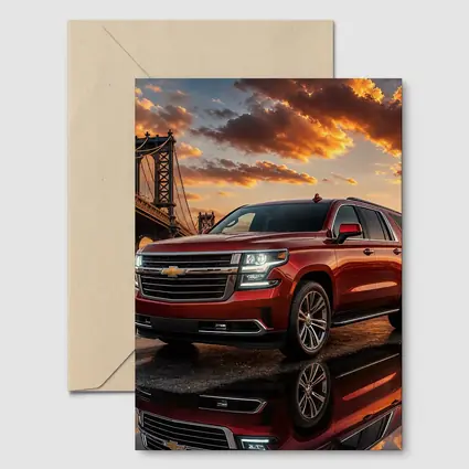 Chevrolet Suburban Red SUV Bridge Sunset