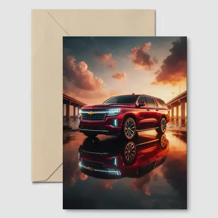 Chevrolet Suburban Red SUV Sunset Bridge