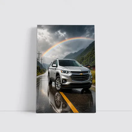 Chevrolet Traverse Silver SUV Rainy Mountain Road