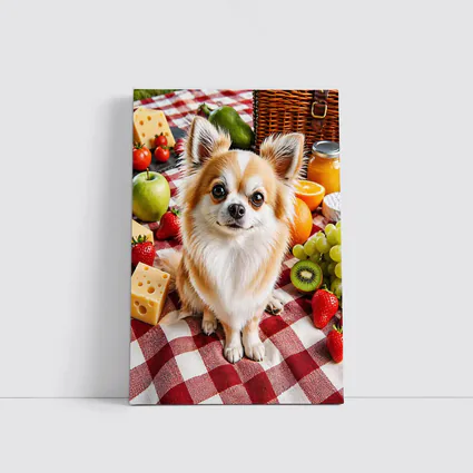 Chihuahua Sitting at Fruit Picnic Blanket