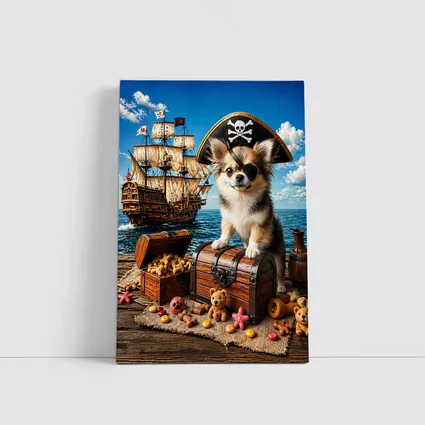 Chihuahua Pirate Sitting on Treasure Chest Ship