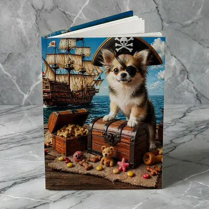 Chihuahua Pirate Sitting on Treasure Chest Ship