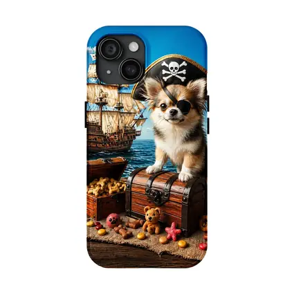 Chihuahua Pirate Sitting on Treasure Chest Ship