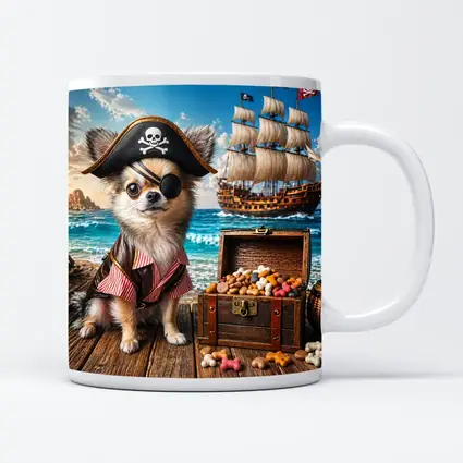 Chihuahua Pirate Dog With Treasure Chest Ocean