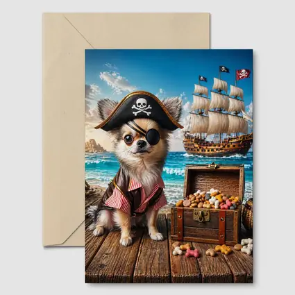 Chihuahua Pirate Dog With Treasure Chest Ocean