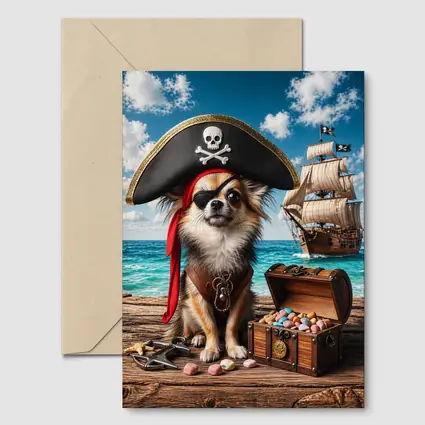 Chihuahua Pirate With Treasure Chest Ocean