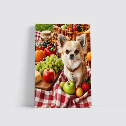Chihuahua Sitting on Picnic Blanket with Fruits