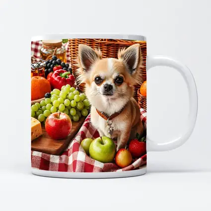 Chihuahua Sitting on Picnic Blanket with Fruits
