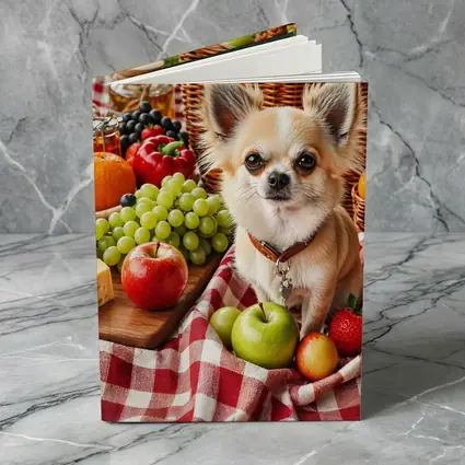Chihuahua Sitting on Picnic Blanket with Fruits