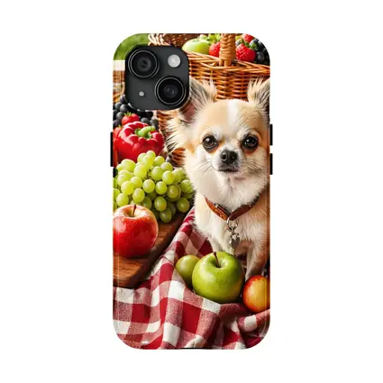 Chihuahua Sitting on Picnic Blanket with Fruits